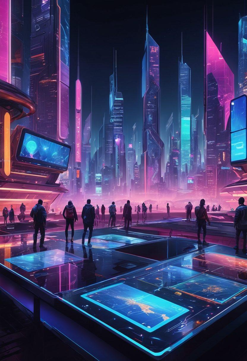 An engaging digital landscape featuring a diverse group of people exploring a futuristic online platform filled with colorful icons representing tools and resources. Include visual metaphors like compasses and maps to signify navigation towards success. Use a sleek interface layout, bright screens, and a dynamic city skyline in the background. Cyberpunk style. vibrant colors.
