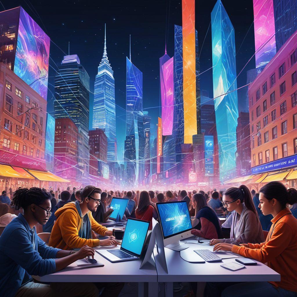 A vibrant cityscape showcasing diverse individuals engaged in online discussions and forming communities, highlighted by interconnected digital nodes. The scene radiates a sense of empowerment and collaboration, with bright colors symbolizing connectivity and support. Incorporate elements like laptops and smartphones to emphasize online interaction. super-realistic. vibrant colors. digital art.