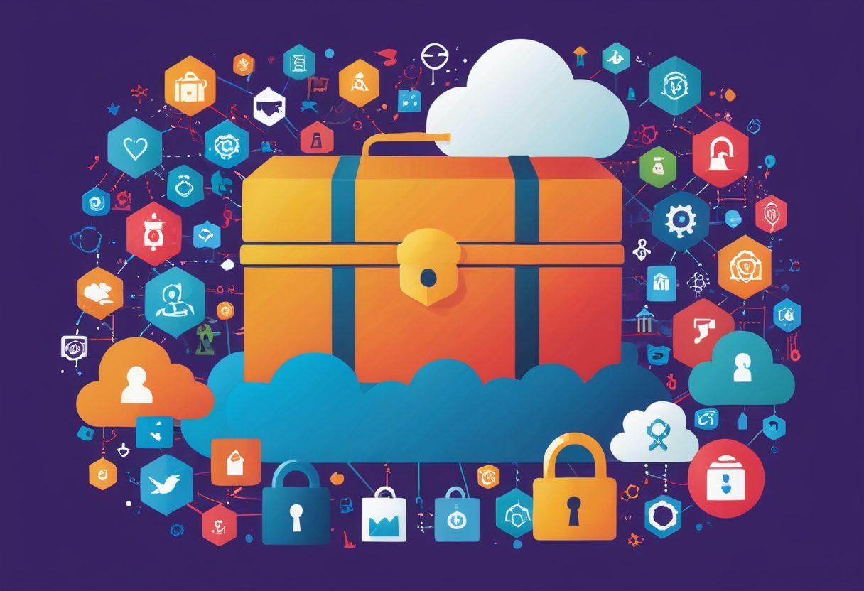 A modern and engaging illustration showcasing a locked treasure chest symbolizing 'Unlocking the Power', surrounded by various domain service icons (like cloud, server, and data connections) and supportive community symbols (such as people connecting, helping each other). Use bright and inviting colors to convey empowerment and accessibility. The background should subtly blend technology and community elements together. vibrant colors. vector art.